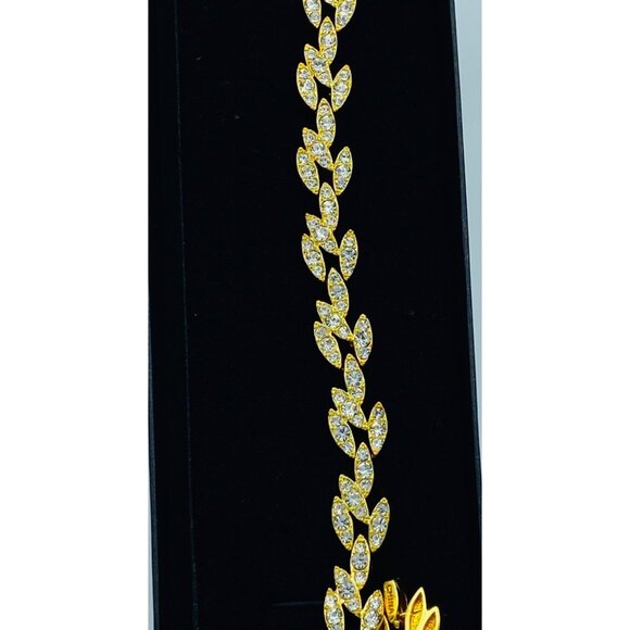 Elegant 7" Gold-Tone Leaf Link Bracelet With Crystal Accents - Picture 3 of 3